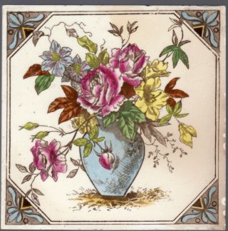 T & R Boote - C1890 - Colorful Flowers In Blue Vase - Antique Victorian Tile