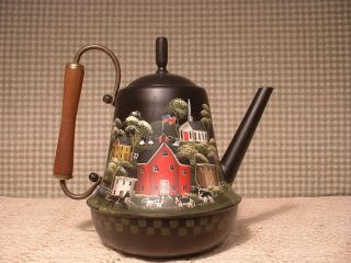 Vintage Small Tea Pot Country Farms Folk Art Hand Painted Art By Jmd