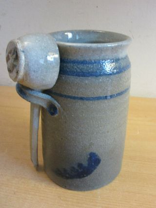 Vintage Blue Decorated Stoneware Crock Canister With Scoop,  Stamped " Rin "