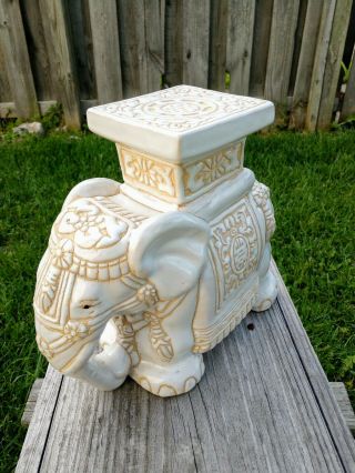 Large Chinese Vintage Ceramic White Elephant Statue Plant Stand Trunk Down