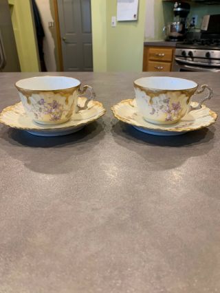 Antique Set Of 2 Limoges France Hand Painted Cup Saucers Gold Gilt Emboss Flower