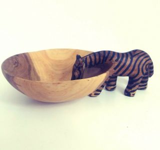 South African Hand Carved Wooden Water Bowl Dipper Cup With Drinking Zebra Vtg