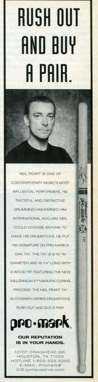 1995 Small Print Ad Of Pro - Mark Drumsticks W Neil Peart Of Rush