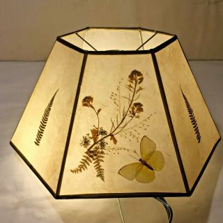 Vtg Hexagonal Paper Lamp Shade W Pressed Dried Flowers Fern Butterfly Moth