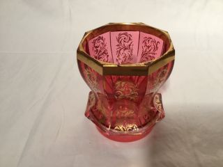 Antique Bohemian Cranberry Ruby Glass Octagonal Gilt Decorated Wine Hock 3.  5”