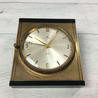 Vintage Cyma Watch Co Swiss Made Solid Brass Travel Desk Alarm Clock 3.  5 X 4.  5 "
