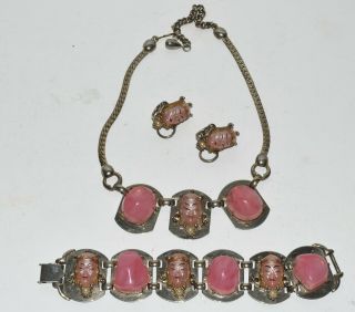 Vtg Selro Selini Asian Princess Pink Moonglow Bracelet Necklace Earrings Set