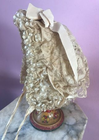 Fancy Antique French Jumeau Bru Doll Silk Lace Ribbon Bonnet