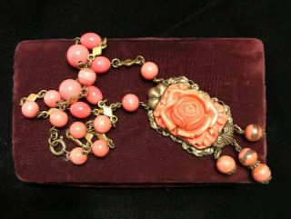 Stunning Vintage Coral Glass Art Deco Beaded Necklace With Dangles 1920 