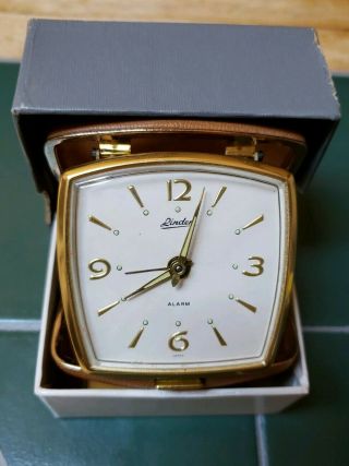 Vintage Linden Travel Alarm Clock Black Leather Case 496 W/box & Instructions