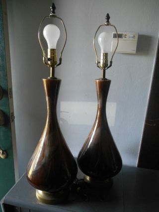 Vintage Pair Mid Century Danish Modern Brown Drip Glaze Large Lamps Rare