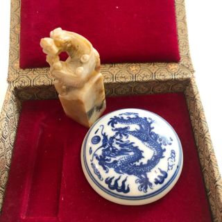 Vintage Chinese Stamp Set Seal Dragon Carved In Soap Stone Stick & Red Ink