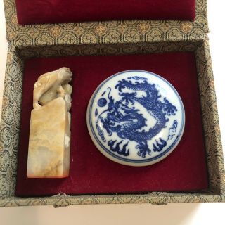 Vintage CHINESE Stamp Set Seal Dragon Carved In Soap Stone Stick & Red Ink 3