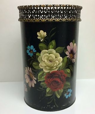 Vintage Tole Painted Waste Basket Trash Can Umbrella Stand Black W/ Flowers