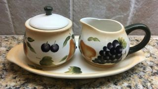 Home Interiors Sonoma Villa Sugar Bowl & Creamer W Tray Grapes Pear