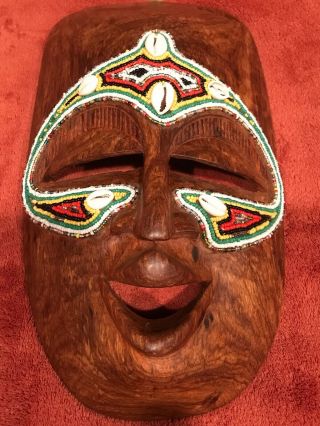 Vintage African Wood Beaded Mask Hand Carved Tribal Art 12”long Wall Art