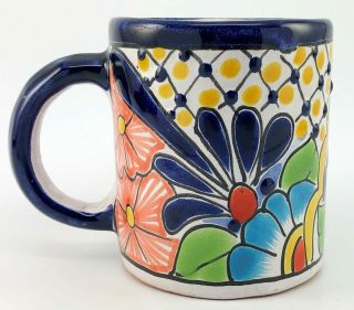 Mexico Talavera Pottery Hand Painted Coffee Mug Cup Flowers Blue Lead 10oz