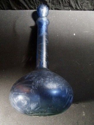 Art Glass Blue Tall Decanter With Stopper - Made In Italy