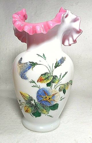 Antique Victorian White & Cranberry Fluted Hand Painted Enamel Flower Glass Vase