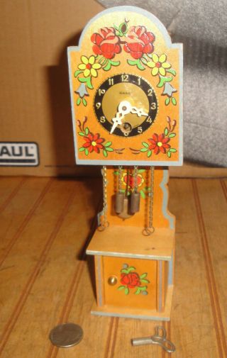 Vintage Wooden Heco Mini Grandfather Clock Complete W/key,  Pendulum Germany