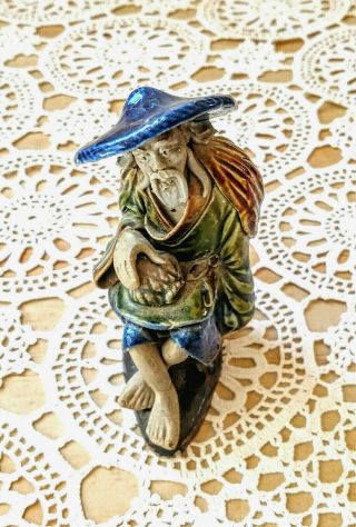 Vintage Chinese Mud Man Ceramic Glazed Sitting Collectables