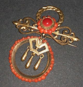 Fine Quality Antique French Palais Royal Carved Red Coral Gold Gilt Metal Brooch