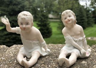 1900s Antique German Marked Bisque Girl Boy Piano Baby Figure Set Rare
