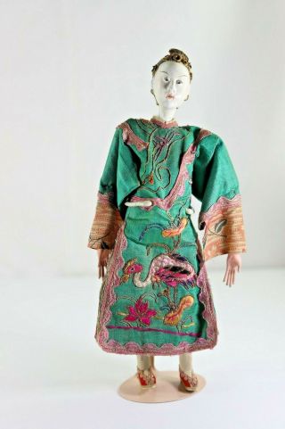 Antique Chinese Carved Wood Head Doll In Costume,  Elaborate Head Dress