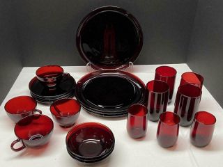 22 Pc Set Vtg Anchor Hocking Ruby Red Dish Set Plates Glasses Cup Saucers Bowls