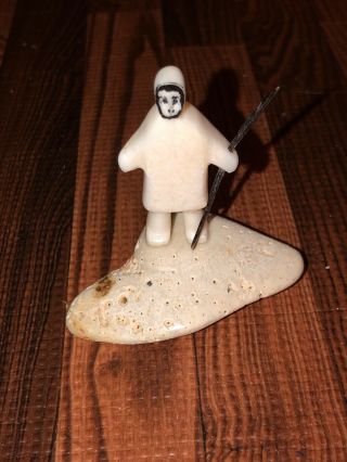 Miniature Vintage Hand Carved Stone Eskimo Hunter With Spear Sculpture