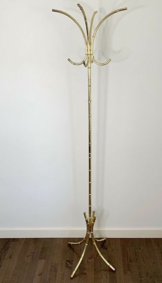 Vintage Hollywood Regency Freestanding Brass Gold Coat Hat Hook Faux Bamboo Mcm