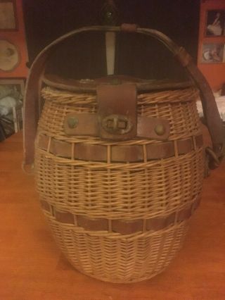 Unique Antique Barrel - Shaped Leather And Split Willow Fishing Creel / Basket