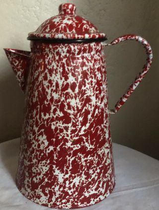 Vintage Red White Swirl Enamelware Coffee Pot Granite Ware Enamel Pitcher Boiler