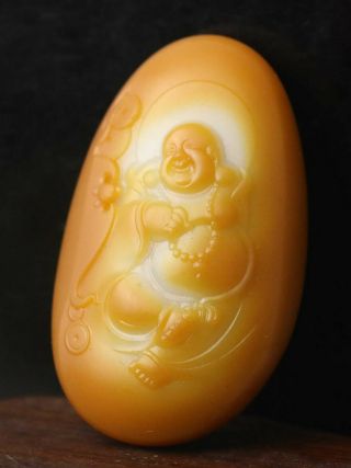 Chinese Natural Hetian Yellow Jade Hand - Carved Statue Buddha Pendant 1.  9 Inch