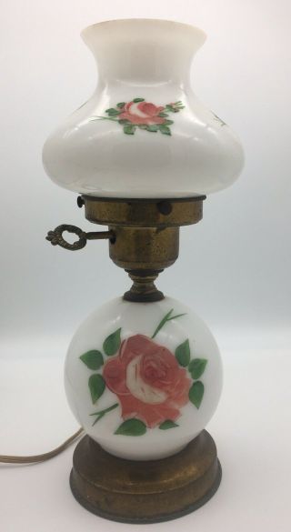 Vintage Milk Glass Boudoir Dresser Table Lamp W Hand Painted Pink Roses Shade