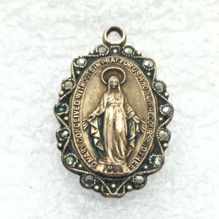 Vintage Miraculous Virgin Mary Medal Pendant Charm Rolled Gold Marcasite