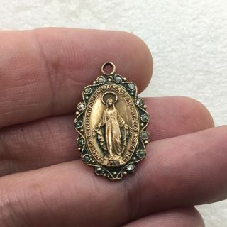 Vintage MIRACULOUS VIRGIN MARY MEDAL Pendant Charm Rolled Gold Marcasite 2