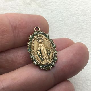Vintage MIRACULOUS VIRGIN MARY MEDAL Pendant Charm Rolled Gold Marcasite 3