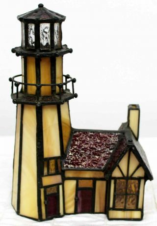 Stained Glass Lighthouse Table Lamp Night - Light Cream White Ocean Nautical Beach