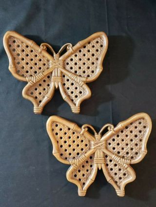 Vintage Burwood Butterfly Wall Hangings Set Of 2 Brown Weave 2474 Usa G