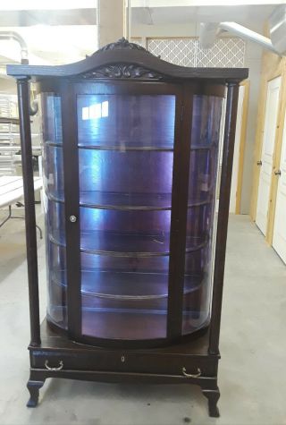 Vintage Oak China Cabinet With Curved Glass