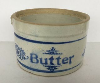 Antique Stoneware Butter Crock With Blue Lettering