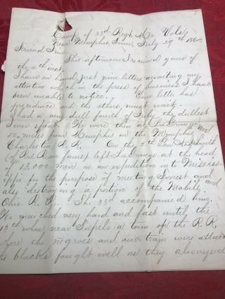 1864 Near Memphis Tenn,  Civil War Letter Camp Of 33rd Regt.  Mo Volunteers