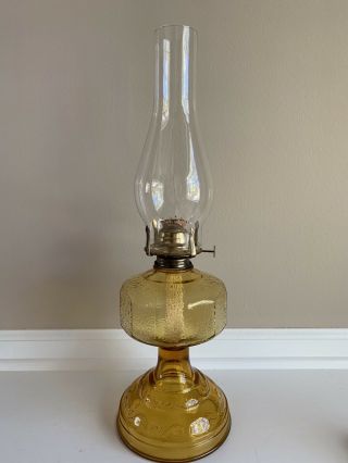 Vintage Amber Depression Glass Large Oil Lamp W/ Lamplight Farms Burner