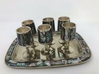 Vintage 6 Cordial Set With Tray Silver With Inlay Abalone Shell Mexico