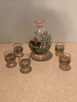 Vintage Czechoslovakian Hand Painted Hunting Scene - Decanter And 5 Shot Glasses