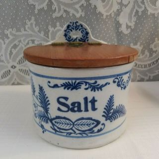 Vintage Glazed Salt Box Stoneware Crock Blue Floral With Wooden Lid