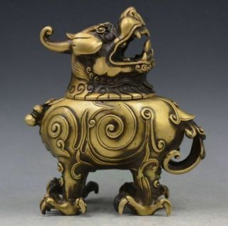 Old Chinese Bronze Evil Foo Dog Lion Beast Snake Statue Incense Burner Censer