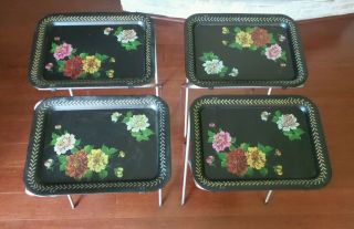 Cal Dak Set Of 4 Metal Vintage Tv Dinner Trays With Stand Flowers