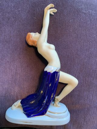 Art Deco Exotic Lady Dancer Porcelain Figurine Cobalt Blue W Gold Trim
